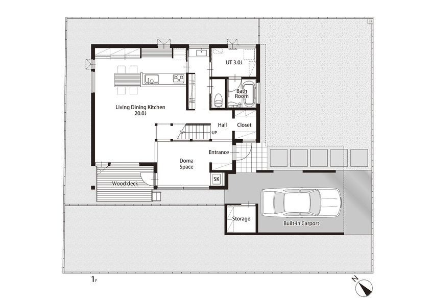 STV興発 【札幌/3LDK+フリールーム/収納充実 /インナーガレージ】ガルバリウム鋼板と塗り壁の高級感のある外観の間取り図（3LDK+フリースペース）1階