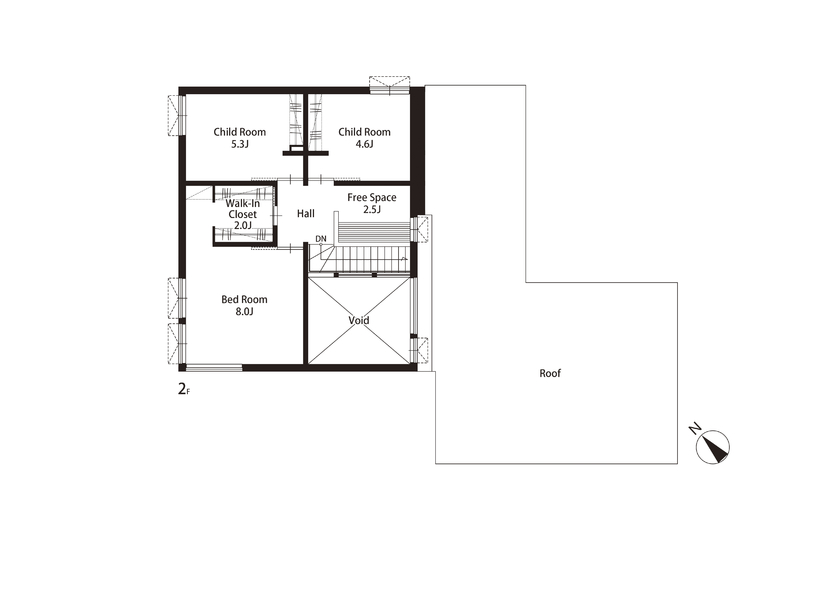 STV興発 【札幌/3LDK+フリールーム/収納充実 /インナーガレージ】ガルバリウム鋼板と塗り壁の高級感のある外観の間取り図（3LDK+フリースペース）2階