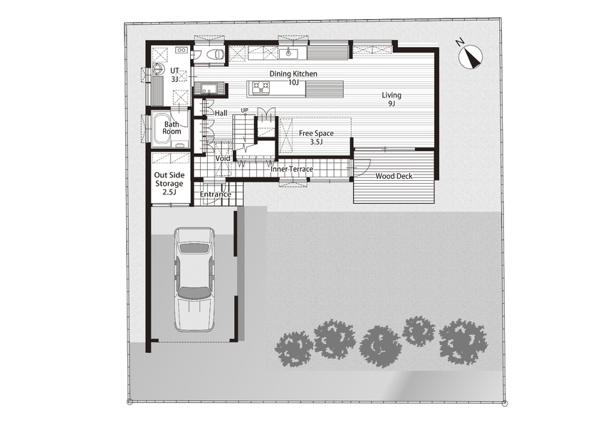 STV興発 【札幌/3LDK+フリールーム/造作キッチン/インナーガレージ】大きな窓から庭の植栽を眺められるリビングの間取り図（3LDK+フリールーム）1階