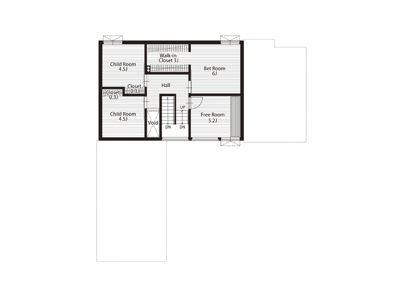 STV興発 【札幌/3LDK+フリールーム/造作キッチン/インナーガレージ】大きな窓から庭の植栽を眺められるリビングの間取り図（3LDK+フリールーム）2階