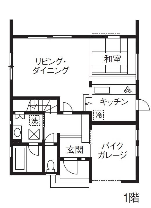 東創プランニングサービス 【1500万円】【間取り有】土地探しから依頼して予算内で形に。バイクガレージのあるシンプルモダンな家の間取り図（3LDK）１階