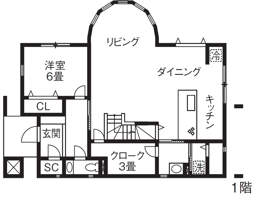 東創プランニングサービス 【2000万円】【間取り有】R型のリビングから景色を楽しむ。リゾートライクな家を土地探しから形にの間取り図（4LDK）１階