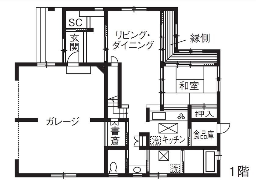 東創プランニングサービス 【2000万円】【間取り有】長年住み継いだような雰囲気の古民家スタイルのガレージハウスの間取り図（3LDK）１階
