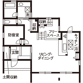 東創プランニングサービス 【1000万円台】造作家具たっぷり。無垢&アイアンのクールなインダストリアル・スタイルの家【間取り有】の間取り図（4LDK）1階