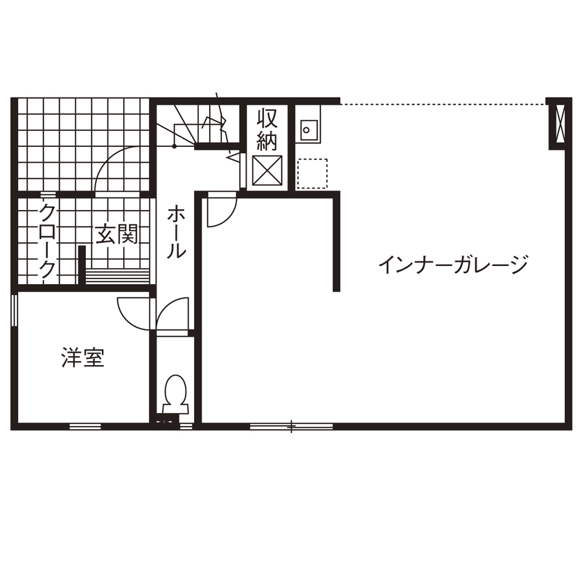 クレバリーホーム立川店／デザイノ 【2500万円～2999万円／インナーガレージ／間取図有】充実のガレージ×癒しの空間。「好き」を詰め込んだ家の間取り図（2LDK＋ガレージ）1階