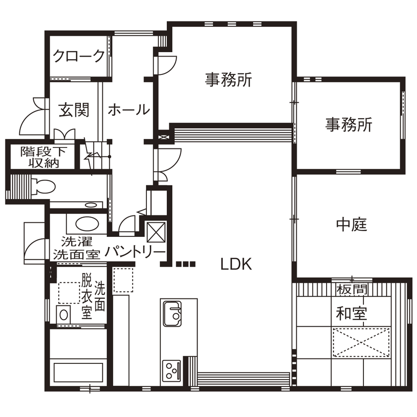クレバリーホーム立川店／デザイノ 【3000万円～3499万円／中庭／間取図有】高級感を演出する工夫や家事の効率化で、暮らしの質を高める家にの間取り図（5LDK＋中庭＋事務所）1階