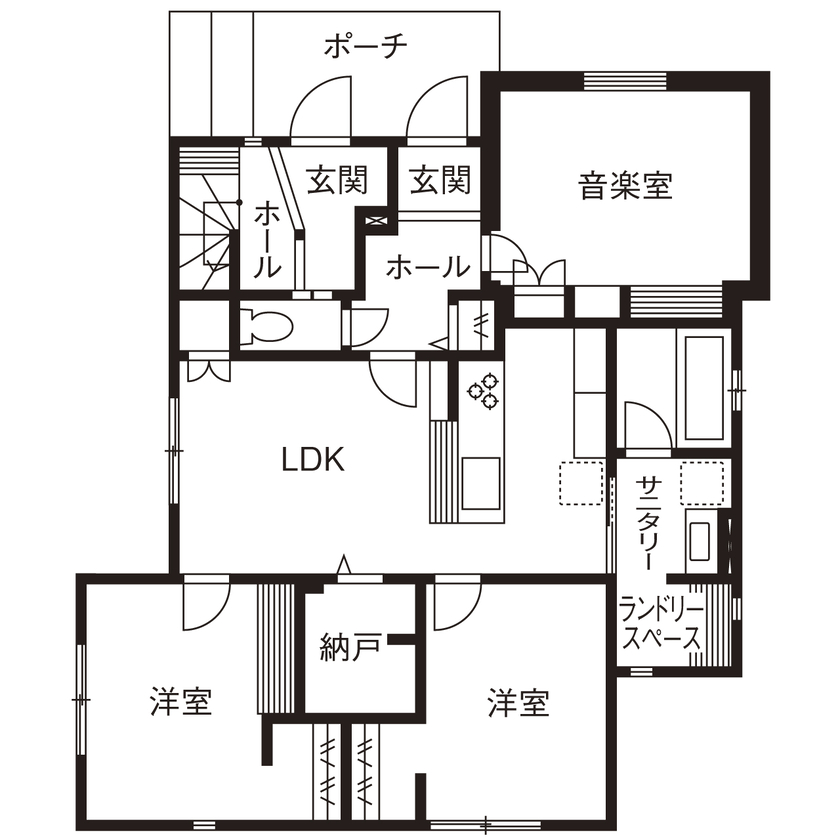クレバリーホーム立川店／デザイノ 【3500万円～3999万円／防音室／間取図有】音楽一家ならではの音楽室が魅力！完全分離型の二世帯住宅の間取り図（4LLDDKK＋音楽室）1階