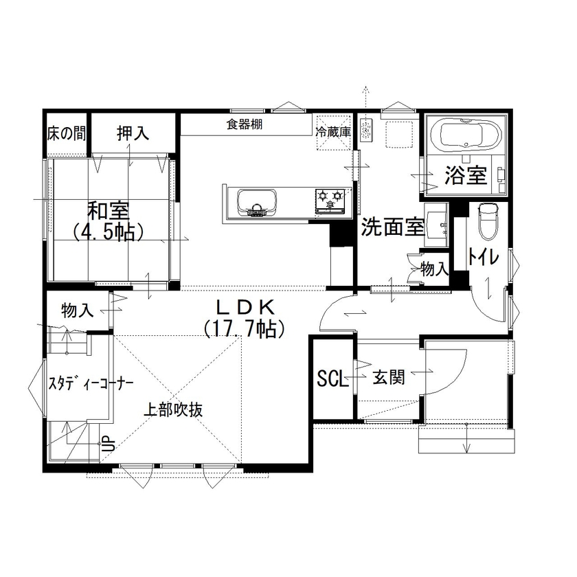 住まいのクワザワ 【2000～2500万円】スタディコーナーやリビング階段、子どもとのつながりを感じる暮らしの間取り図（4LDK）1階