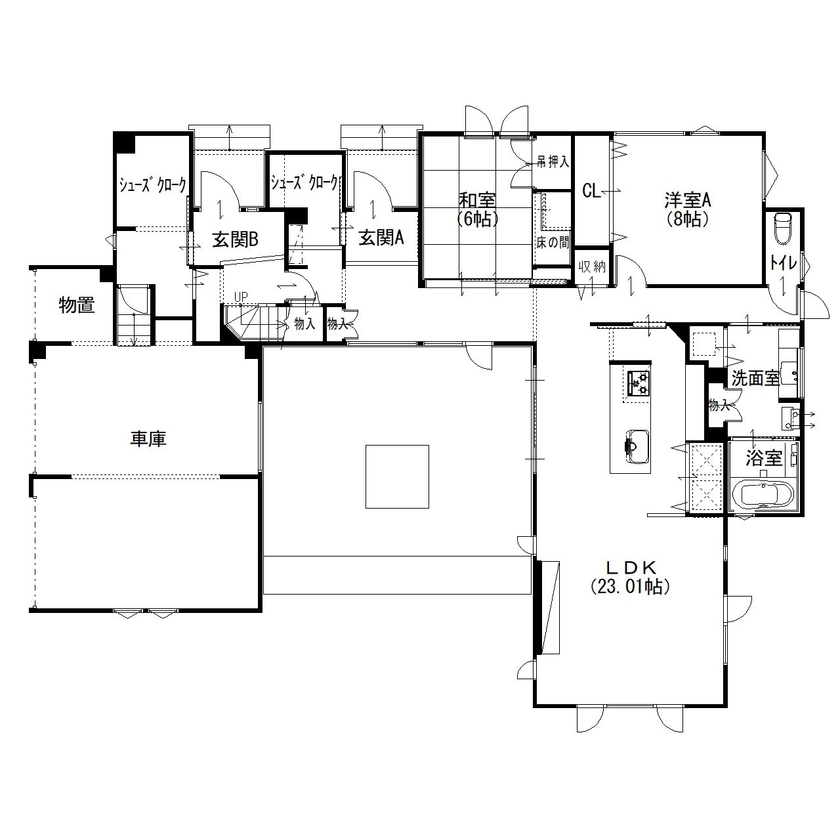 住まいのクワザワ 親と子が緩やかに結びつきながら、心地よく暮らす2世帯住宅。の間取り図（5K以上）1階