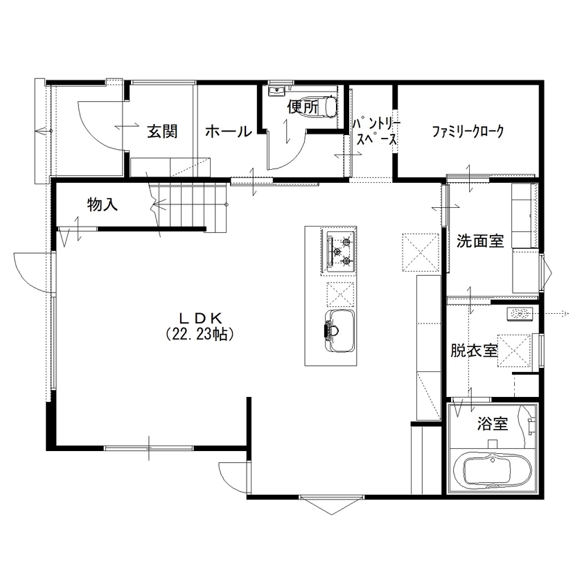 住まいのクワザワ 【アイランドキッチン/ウッドデッキ/子育て】隅々にまで感じられるこだわり思い描いていた暮らしを満喫の間取り図（3LDK）1階