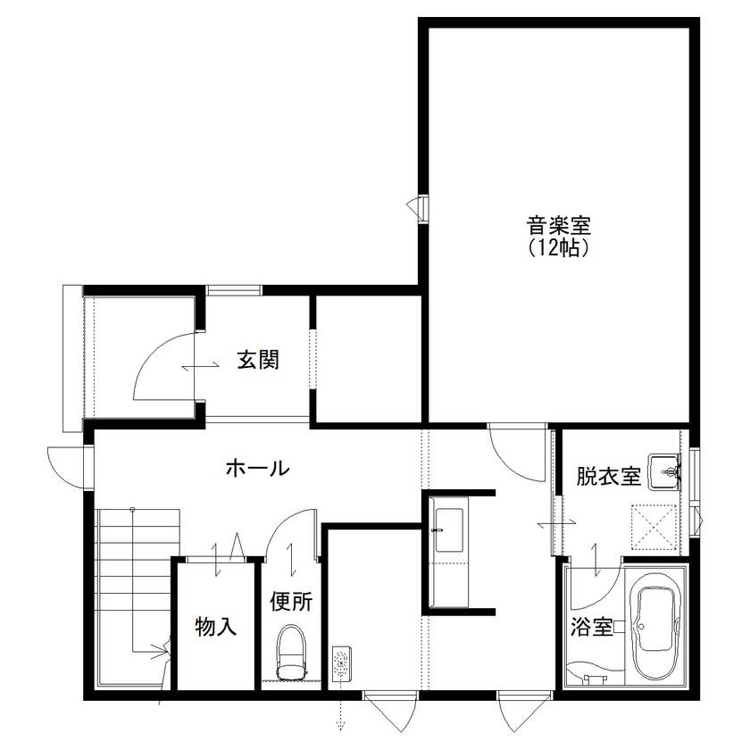 住まいのクワザワ 【3階建て/音楽室/防音/書斎】心おきなく趣味の音楽を楽しめる家に  理想と憧れを実現した3階建ての住まいの間取り図（5K以上）1階