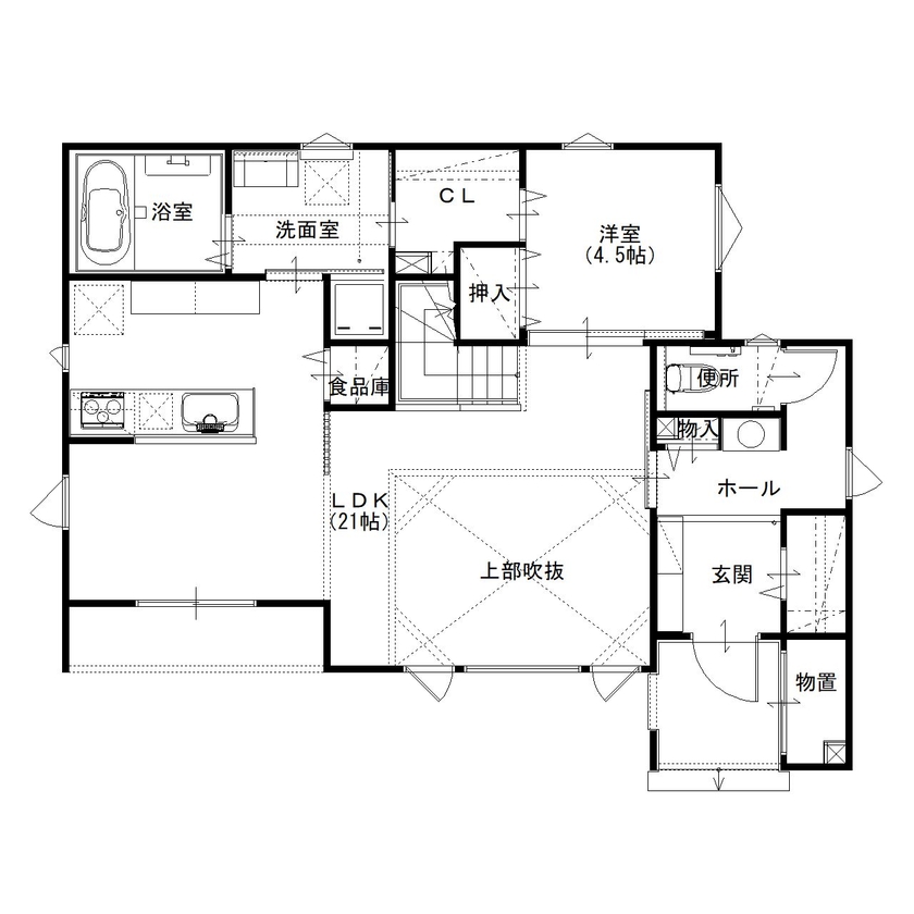 住まいのクワザワ 【床暖房/吹抜け/ペットと暮らす】家族の誰もが快適に、のびのび暮らせるマイホームの魅力の間取り図（4LDK）1階