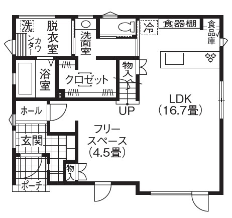 住まいのクワザワ 【明るいリビング／機能性×シンプル】将来は1階だけで暮らせる、年齢を重ねても快適な家の間取り図（2LDK＋フリースペース）1階