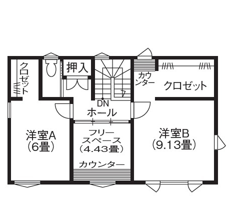 住まいのクワザワ 【明るいリビング／機能性×シンプル】将来は1階だけで暮らせる、年齢を重ねても快適な家の間取り図（2LDK＋フリースペース）2階