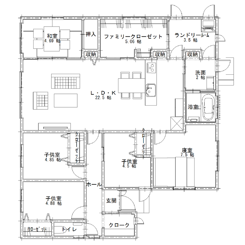雅建設 【5LDKの平屋】勾配天井で開放感を演出！ランドリールーム+ファミリークローゼットでラクラク家事動線の間取り図（5LDK）1階