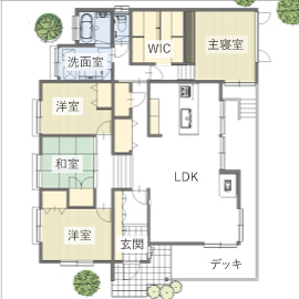 AREX/アーレックス 【1000万円/平屋/絶景リゾート/30坪台/間取り図】ウッドデッキ・薪ストーブ・露天風呂のあるこだわりの平屋の間取り図（4LDK）1階