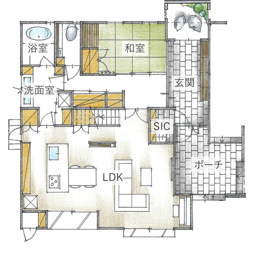 AREX/アーレックス 【愛知県/寄棟屋根xモダン/間取り図】広さと住み心地にこだわった家事楽の和モダンな邸宅/駐車場付の間取り図（5LDK+S）1階