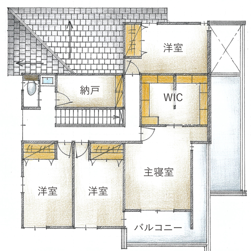 AREX/アーレックス 【愛知県/寄棟屋根xモダン/間取り図】広さと住み心地にこだわった家事楽の和モダンな邸宅/駐車場付の間取り図（5LDK+S）2階