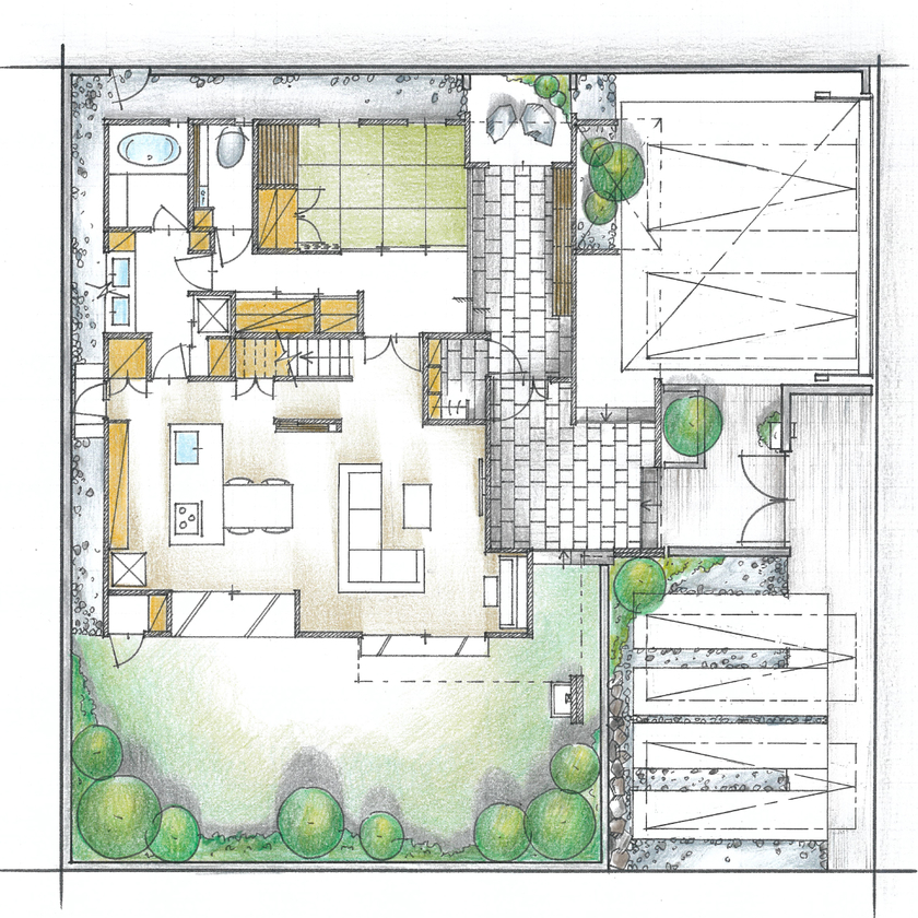 AREX/アーレックス 【愛知県/寄棟屋根xモダン/間取り図】広さと住み心地にこだわった家事楽の和モダンな邸宅/駐車場付の間取り図（5LDK+S）敷地図