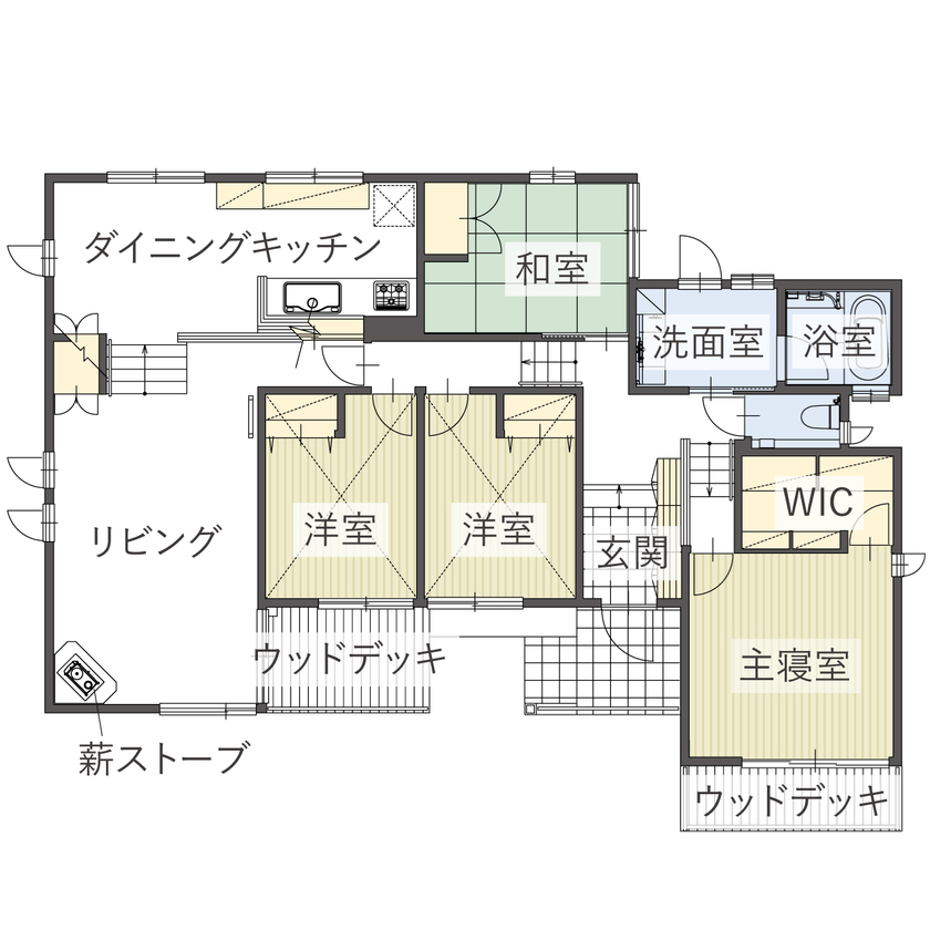 AREX/アーレックス 【1000万円台/平屋/4LDK/間取り図】傾斜地の特性も活かし、自然に囲まれて暮らすスキップフロアのある平屋の間取り図（4LDK）1階