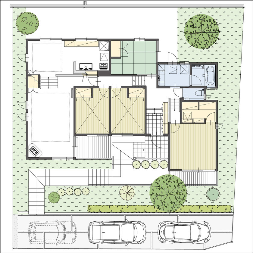 AREX/アーレックス 【1000万円台/平屋/4LDK/間取り図】傾斜地の特性も活かし、自然に囲まれて暮らすスキップフロアのある平屋の間取り図（4LDK）敷地図