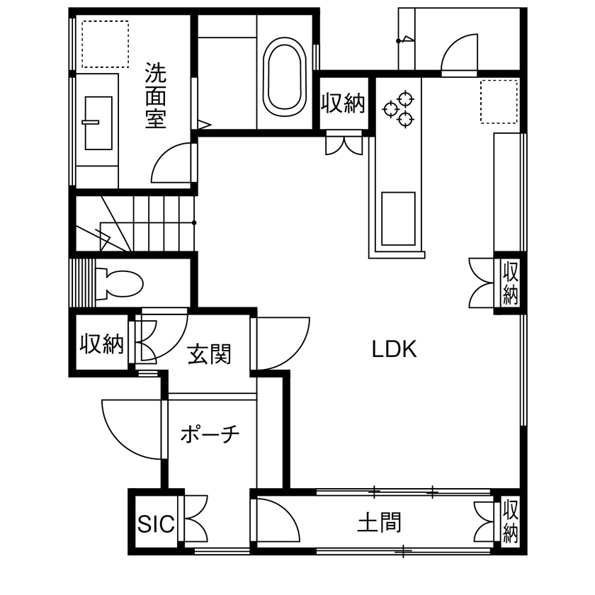 AREX/アーレックス 【名古屋市/1000万円台/30坪台/間取り図有】内土間とリビングが緩やかにつながり「和」の心地よさが包む家の間取り図（4LDK＋内土間）1階