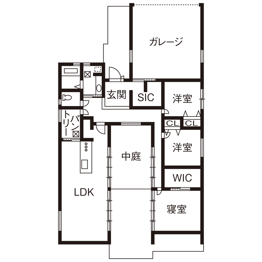 ハウス21（いわき・北茨城） 【いわき／4000万円～／耐震／ビルトインガレージ／平屋】中庭で愛犬とくつろぐヴィラ風平屋（間取り有）の間取り図（3LDK）1階