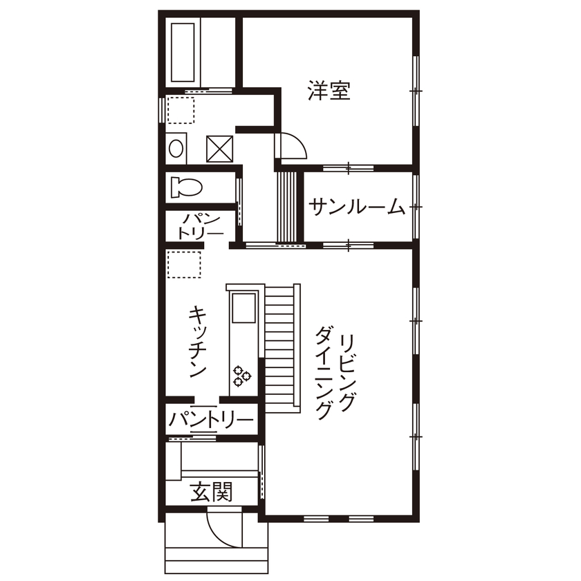 ハウス21（いわき・北茨城） 【いわき／2000万円台／耐震／サンルーム／吹き抜け】ワンフロアで暮らしが完結する平屋風の家（間取り有）の間取り図（3LDK＋サンルーム）1階