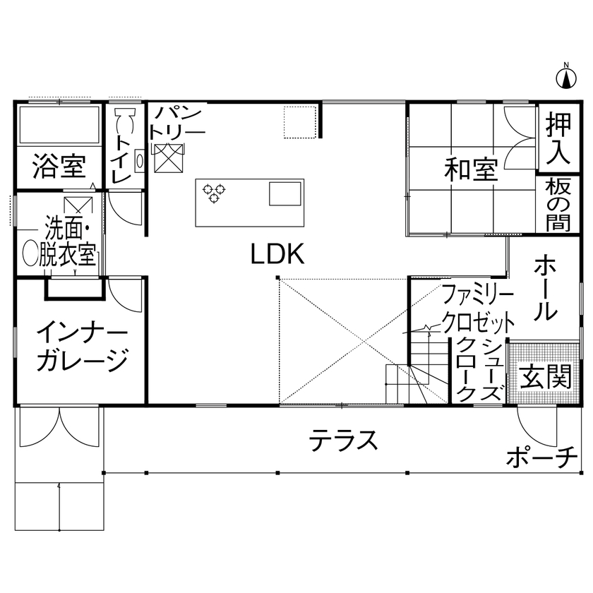 ORIBE 【各務原/1000万円台/ビルドイン/間取り図有】インナーガレージ付きカリフォルニアテイストのZEHハウスの間取り図（5LDK＋ガレージ）1階