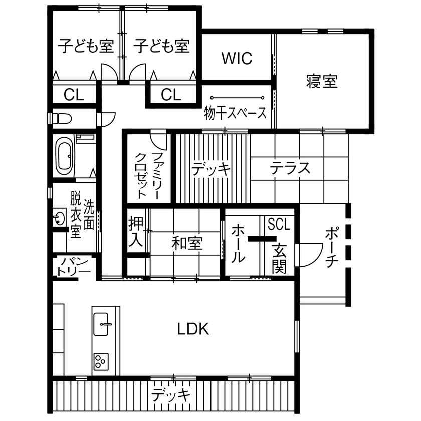 ORIBE 【2000万円台/30坪台/平屋/間取り図有】中庭を囲むコの字型。C値0.33と高気密な一級建築士デザインの平屋の間取り図（4LDK＋2WIC＋テラス）1階