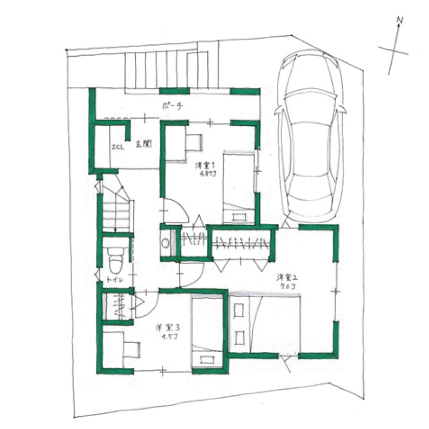 おいしいおうち 【2500万円/高低差ある土地/間取り有】約25坪の敷地を有効活用。外との繋がりも楽しめる開放感ある3階建ての間取り図（3LDK＋フリースペース）1階