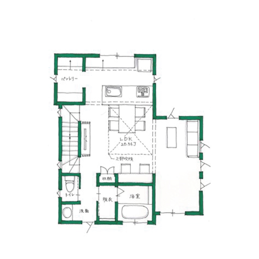 おいしいおうち 【2500万円/高低差ある土地/間取り有】約25坪の敷地を有効活用。外との繋がりも楽しめる開放感ある3階建ての間取り図（3LDK＋フリースペース）2階