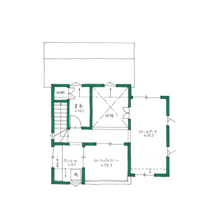 おいしいおうち 【2500万円/高低差ある土地/間取り有】約25坪の敷地を有効活用。外との繋がりも楽しめる開放感ある3階建ての間取り図（3LDK＋フリースペース）3階