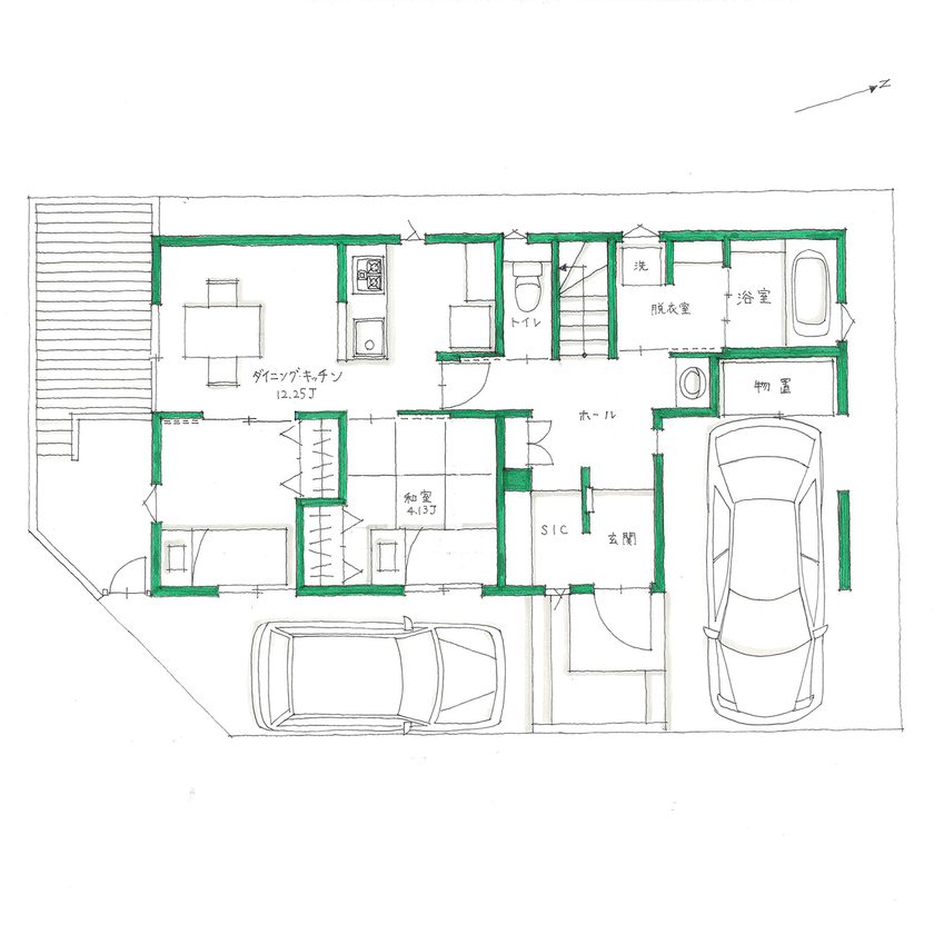 おいしいおうち 【2550万円/二世帯住宅/33坪/間取り有】時をつないでいく桧の家。二世帯が心地よい距離感で暮らすプランの間取り図（2DK＋2LDK＋ロフト）1階