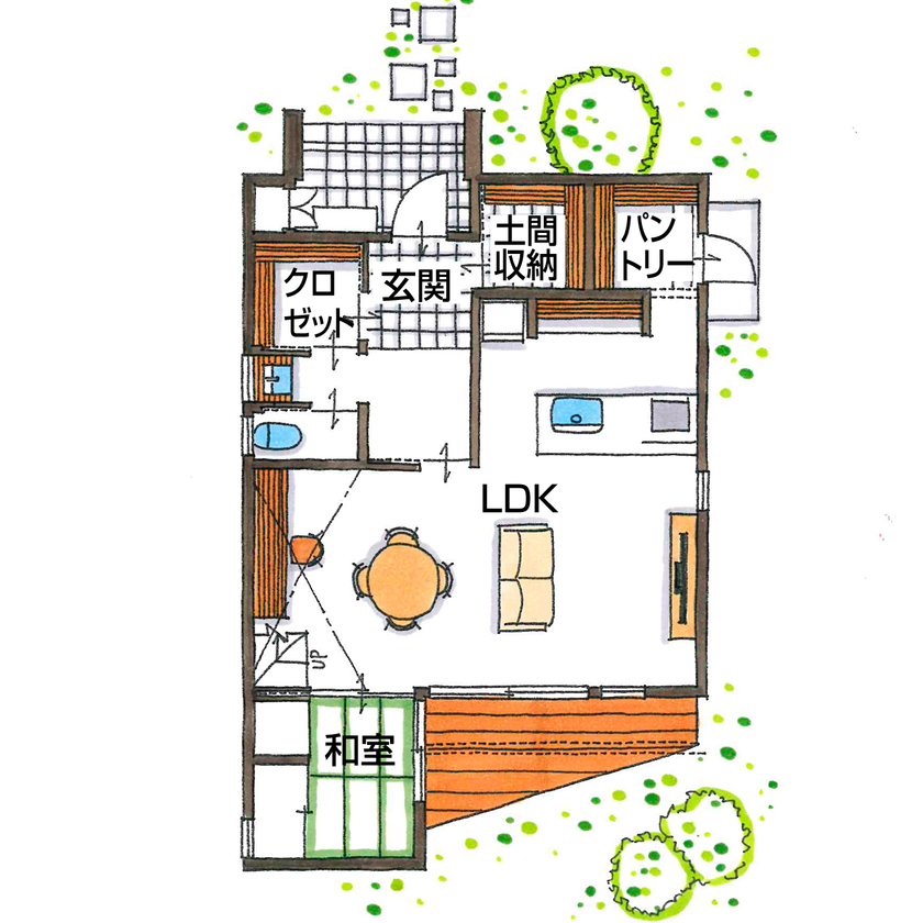 グランハウス 一級建築士事務所 【2000万円台/30坪台/間取り図】北間口を生かしたお洒落な外観と採光！２階に水回りを集約し、毎日にゆとりの間取り図（4LDK）１階