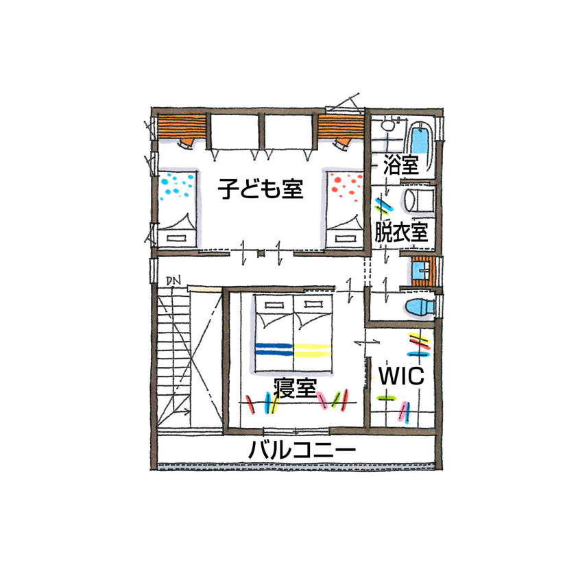グランハウス 一級建築士事務所 【2000万円台/30坪台/間取り図】北間口を生かしたお洒落な外観と採光！２階に水回りを集約し、毎日にゆとりの間取り図（4LDK）2階