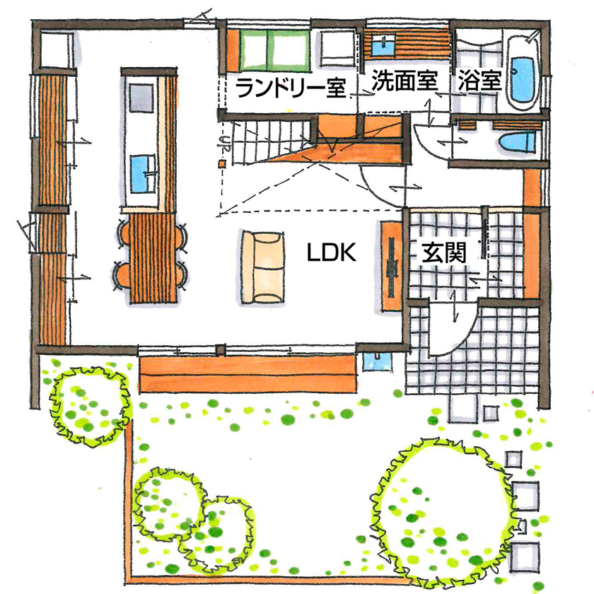 グランハウス 一級建築士事務所 【2000万円台/30坪台/間取り図】インダストリアル×鉄骨階段のアートな棚。常識を覆す仕掛けがカッコいい！の間取り図（3LDK）1階