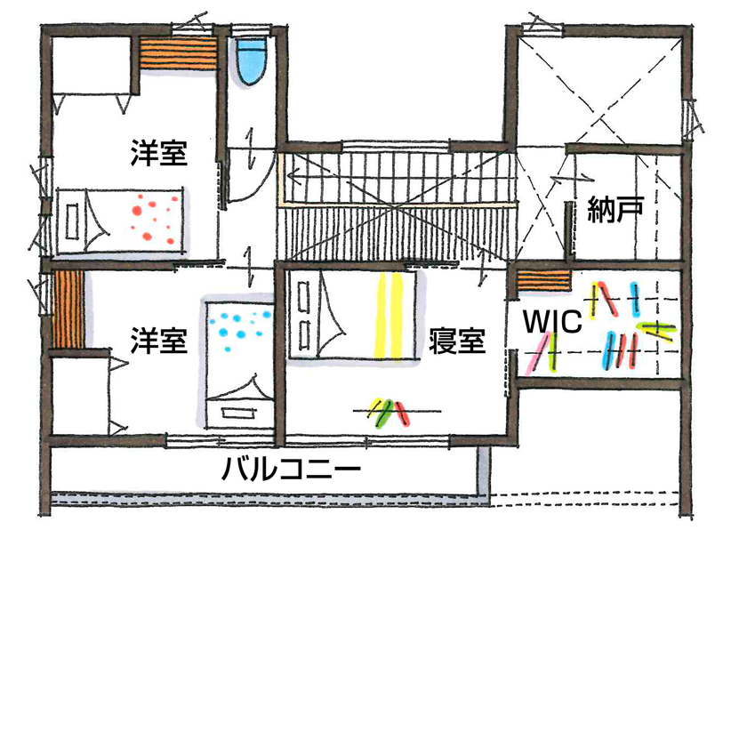 グランハウス 一級建築士事務所 【2000万円台/30坪台/間取り図】インダストリアル×鉄骨階段のアートな棚。常識を覆す仕掛けがカッコいい！の間取り図（3LDK）2階