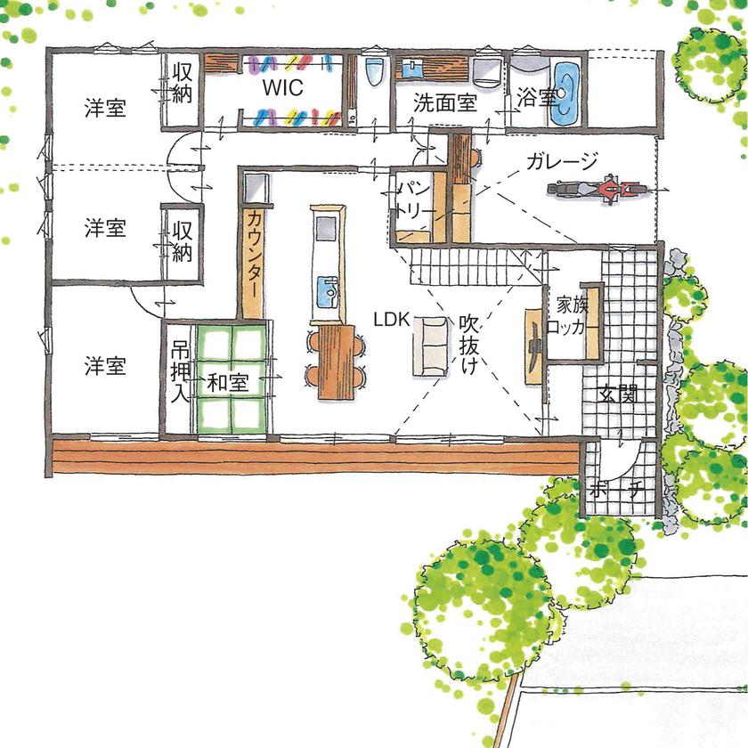 グランハウス 一級建築士事務所 【2000万円台/平屋/4LDK/間取り図】バイクガレージ・ロフトの２つの秘密基地と庭にBBQテラスのある平屋の間取り図（4LDK+ロフト+車庫）1階