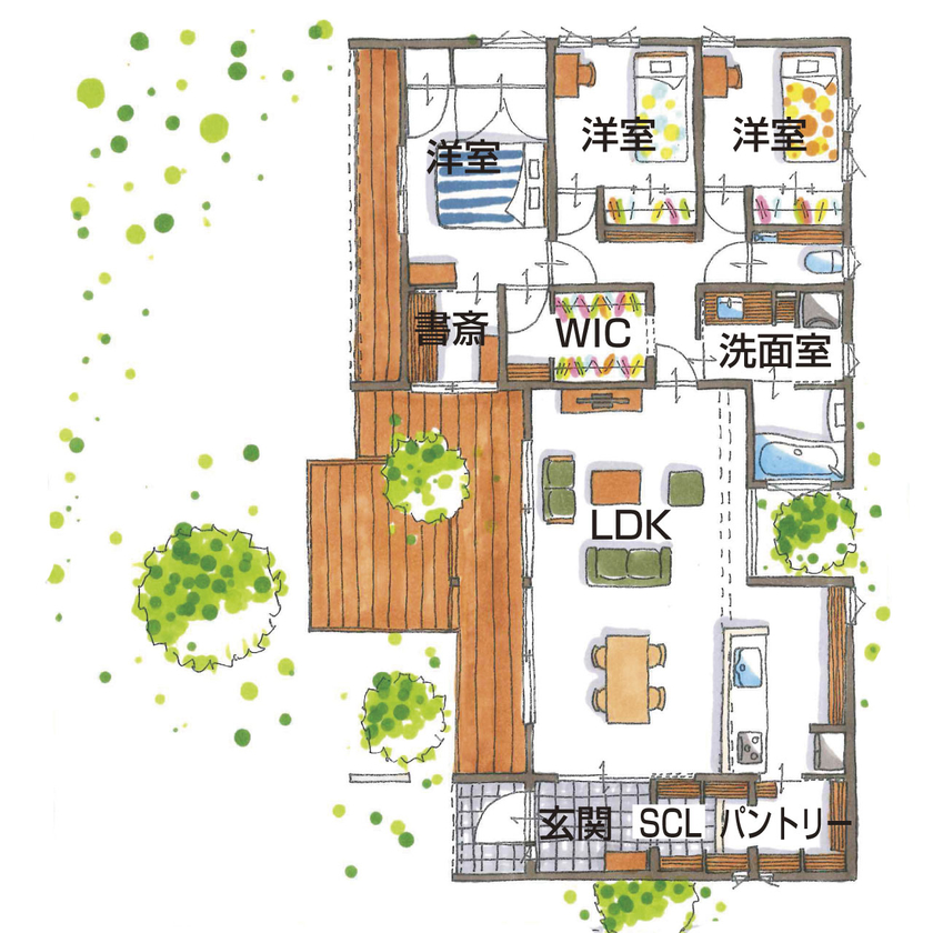 グランハウス 一級建築士事務所 【2000万円台/平屋/30坪台/3LDK/間取り図】自然を感じられる平屋で時間を満喫！室内は中庭や絵が映える空間の間取り図（3LDK）1階