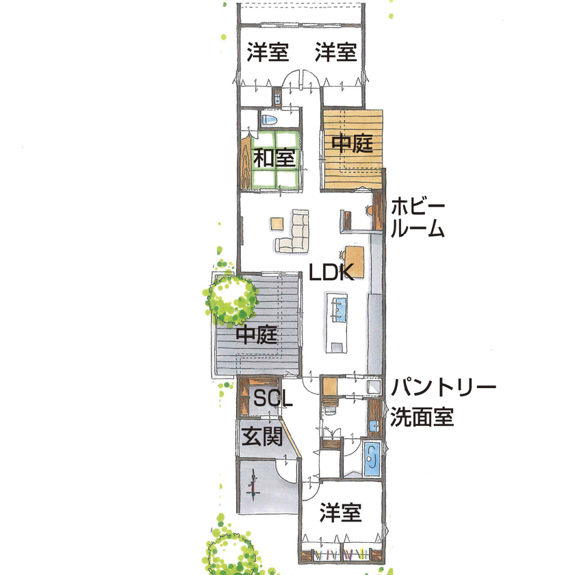 グランハウス 一級建築士事務所 【2000万円台/24mのワイドな平屋/2つの中庭】細長い敷地をプラスに変えて広々。造作が映えるシックな平屋の間取り図（4LDK）1階