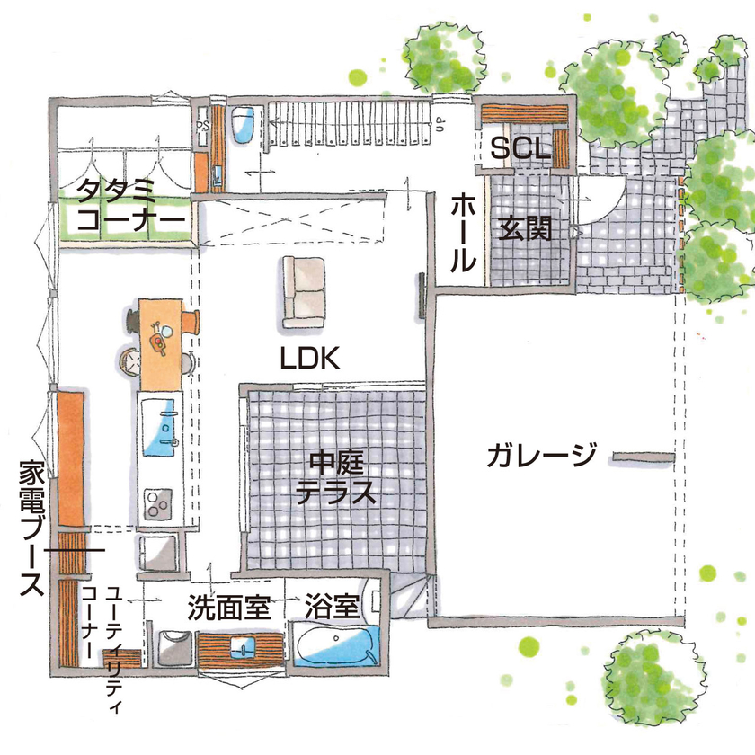 グランハウス 一級建築士事務所 【2000万円台/中庭/ビルトインガレージ/間取り図】和モダンの外観の中は隠れ家美術館の様にシンプルな家の間取り図（3LDK+2WIC）1階