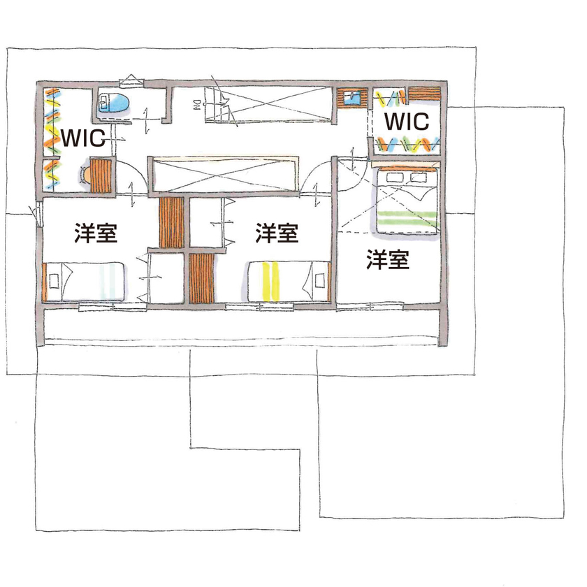グランハウス 一級建築士事務所 【2000万円台/中庭/ビルトインガレージ/間取り図】和モダンの外観の中は隠れ家美術館の様にシンプルな家の間取り図（3LDK+2WIC）2階