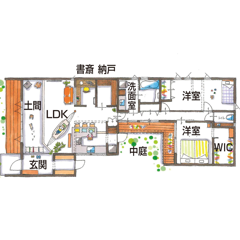 グランハウス 一級建築士事務所 【2000万円台×平屋×薪ストーブ×コの字キッチン/間取り図有】コテージのように自然を感じるコの字の平屋の間取り図（3LDK+ロフト）1階