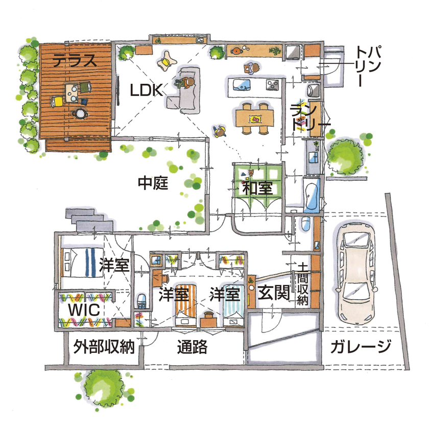 グランハウス 一級建築士事務所 【2000万円台×コの字の平屋×ガレージ×中庭】白の大壁で囲まれたジャパンディな平屋。爽快なテラスも！の間取り図（3LDK+ガレージ+テラス）1階
