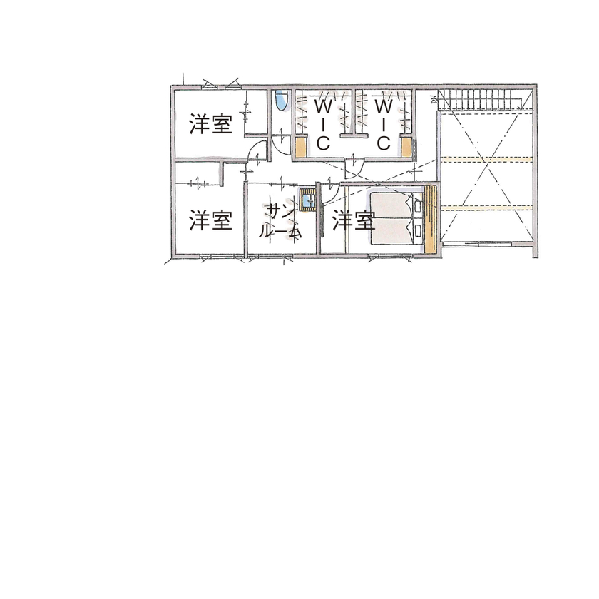 グランハウス 一級建築士事務所 【ビルトインガレージ/駐車2台可/間取り図】薪ストーブ、作業室…憧れを全部叶え、設計力で矛盾をクリアの間取り図（5LDK＋WIC＋ガレージ）2階