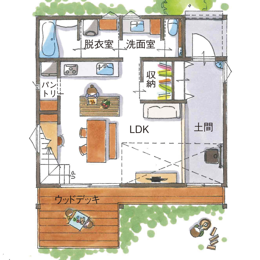 グランハウス 一級建築士事務所 【2000万円台/薪ストーブ/30坪台/3LDK/間取り図】2階の天井高に秘密有！ラフでかっこいいコテージの様な家の間取り図（3LDK+フリースペース）1階
