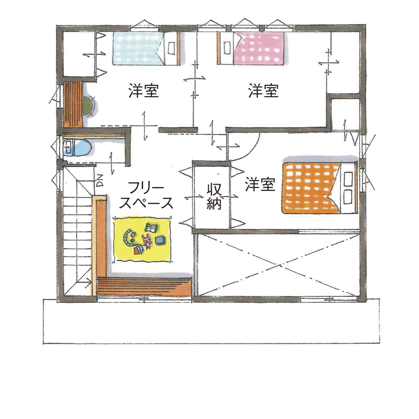 グランハウス 一級建築士事務所 【2000万円台/薪ストーブ/30坪台/3LDK/間取り図】2階の天井高に秘密有！ラフでかっこいいコテージの様な家の間取り図（3LDK+フリースペース）2階