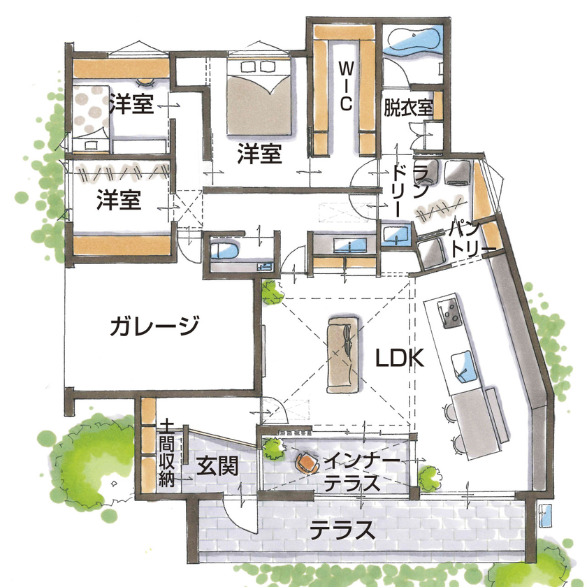 SUUMO】 【2000万円台/平屋住宅/間取り図】動線と素材感に感服！ドッグランとインナーテラス付の平屋ガレージハウス - グランハウス  一級建築士事務所 茜部オープンスタジオの建築実例詳細 | 注文住宅