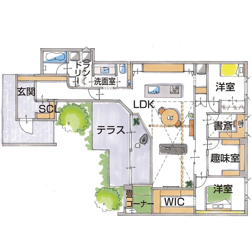 グランハウス 一級建築士事務所 【2000万円台/平屋/間取り図】北欧インテリアが映える和モダンな平屋。2棟を繋げたコの字で視線をそらすの間取り図（4LDK）1階